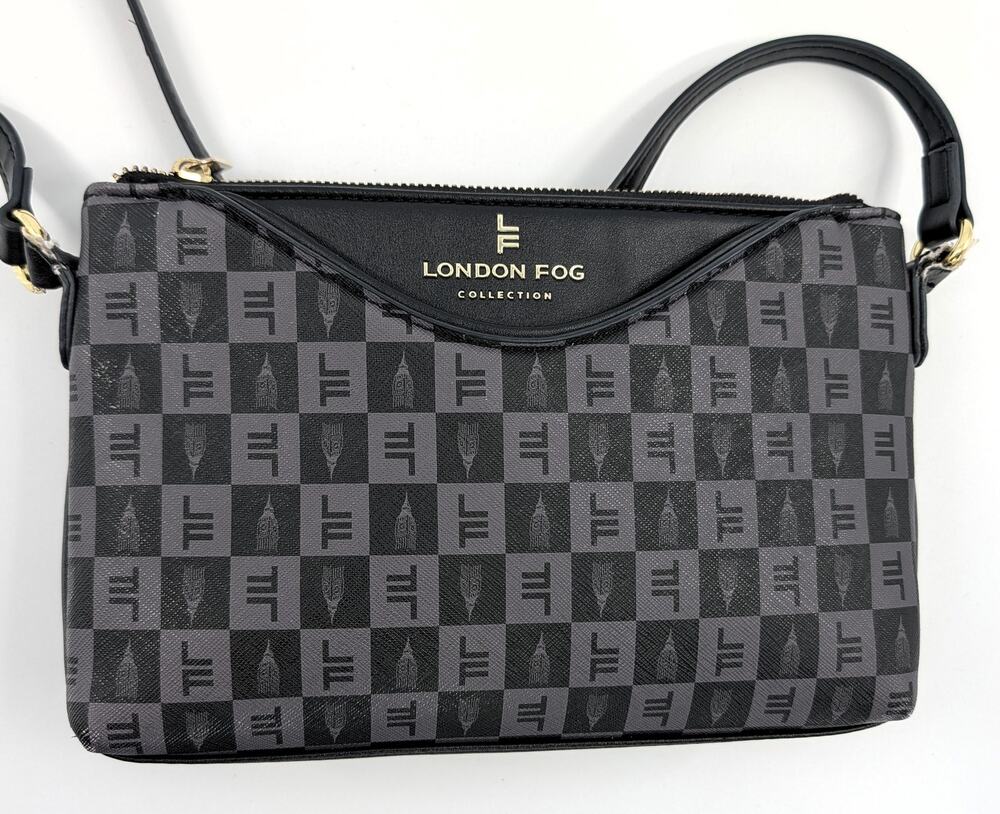 London Fog Addison Tower Signature Print Crossbody Bag Purse Black